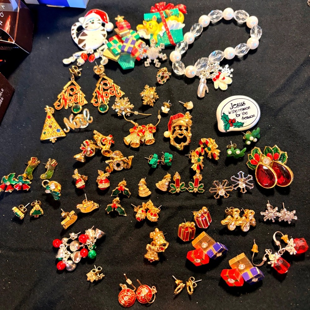 Vintage Christmas Jewelry Lot Earrings Brooches Bracelet Holiday Festive Set